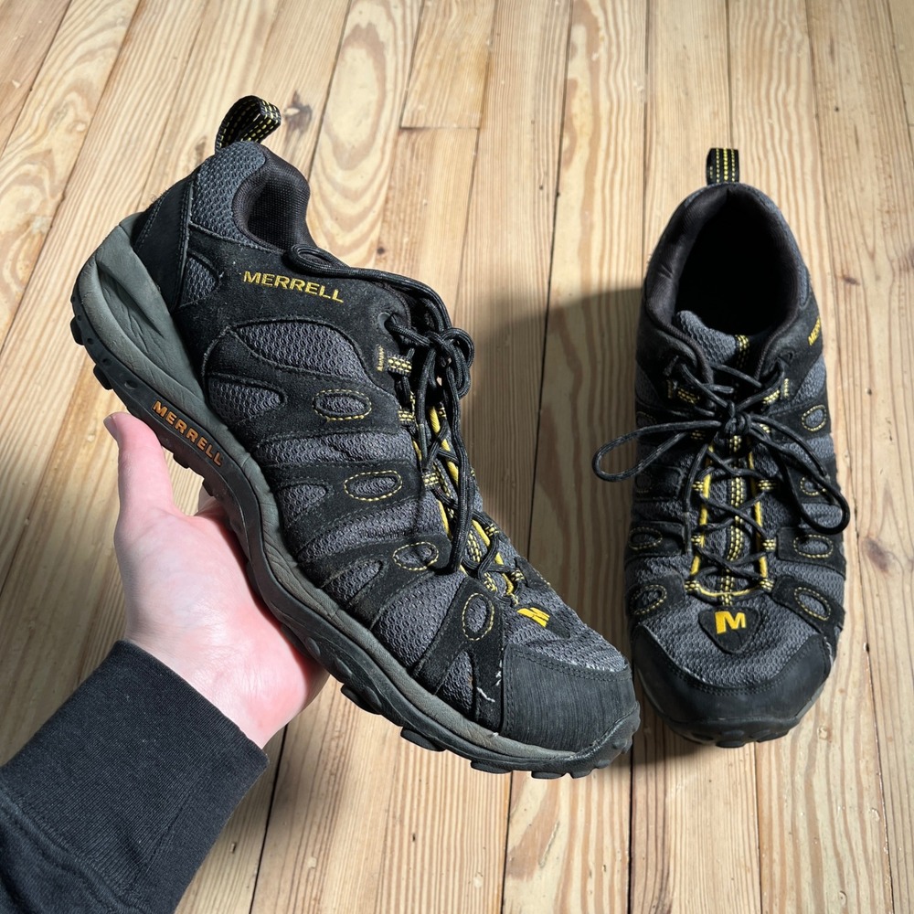 Merrell Depart Hiking Shoes Mens 12 Black Grey Yellow Suede Mesh Low Top J535259